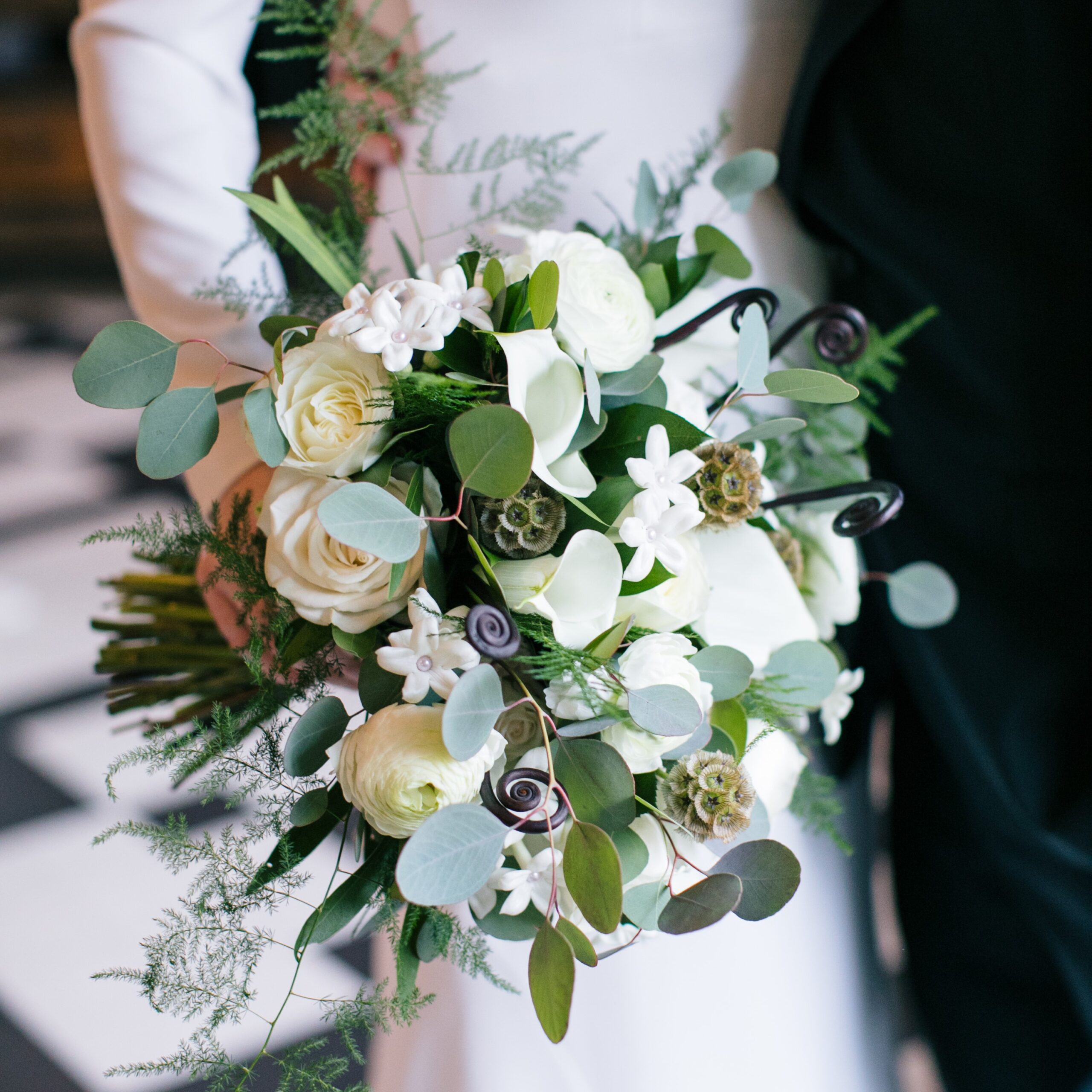Copper Penny Flowers white wedding bouquet