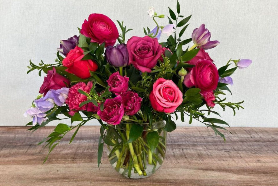 Key To My Heart is a hot pink and lavender arrangement in a glass bowl